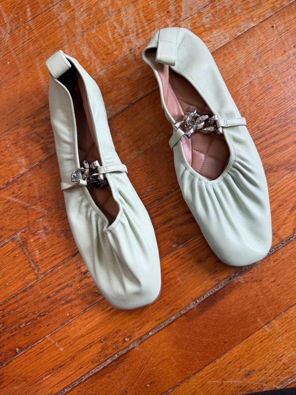 AEROSOLES Pale Mint Leather Chain-Trim Flats